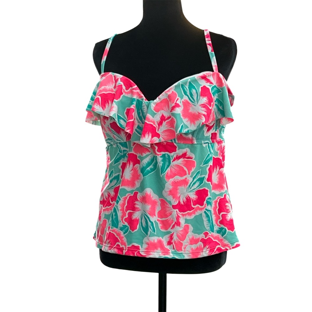 Collections‎ by Catalina Pink Floral Ruffle Tankini Swim Top Teal XL 16-18